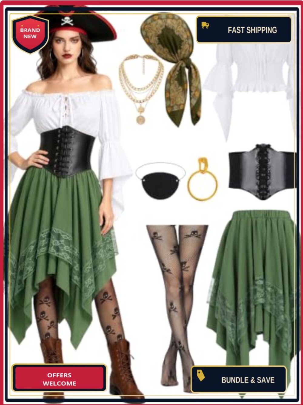 8pc Women's Pirate Costume Set with Accessories Halloween Cosplay